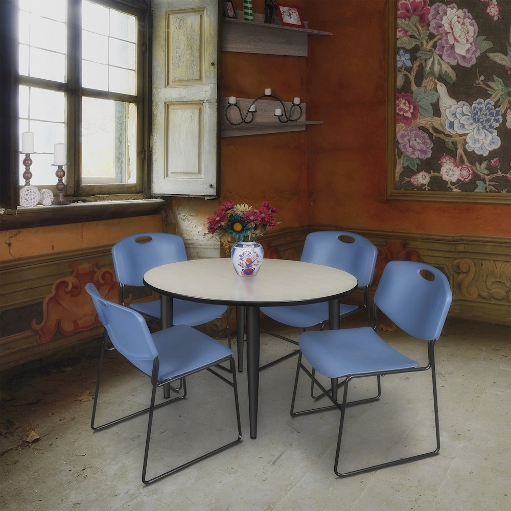 48 in. Round Breakroom Table- Maple Top, Black Base & 4 Zeng Stack Chairs- Blue