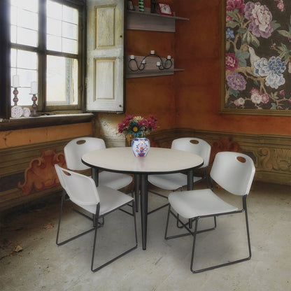 48 in. Round Breakroom Table- Maple Top, Black Base & 4 Zeng Stack Chairs- Grey