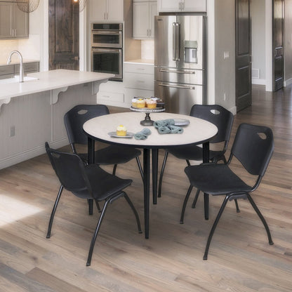 48 in. Round Breakroom Table- Maple Top, Black Base & 4 M Stack Chairs- Black