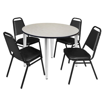 48 Round Breakroom Table- Maple Top, Chrome Base & 4 Stack Chairs- Black