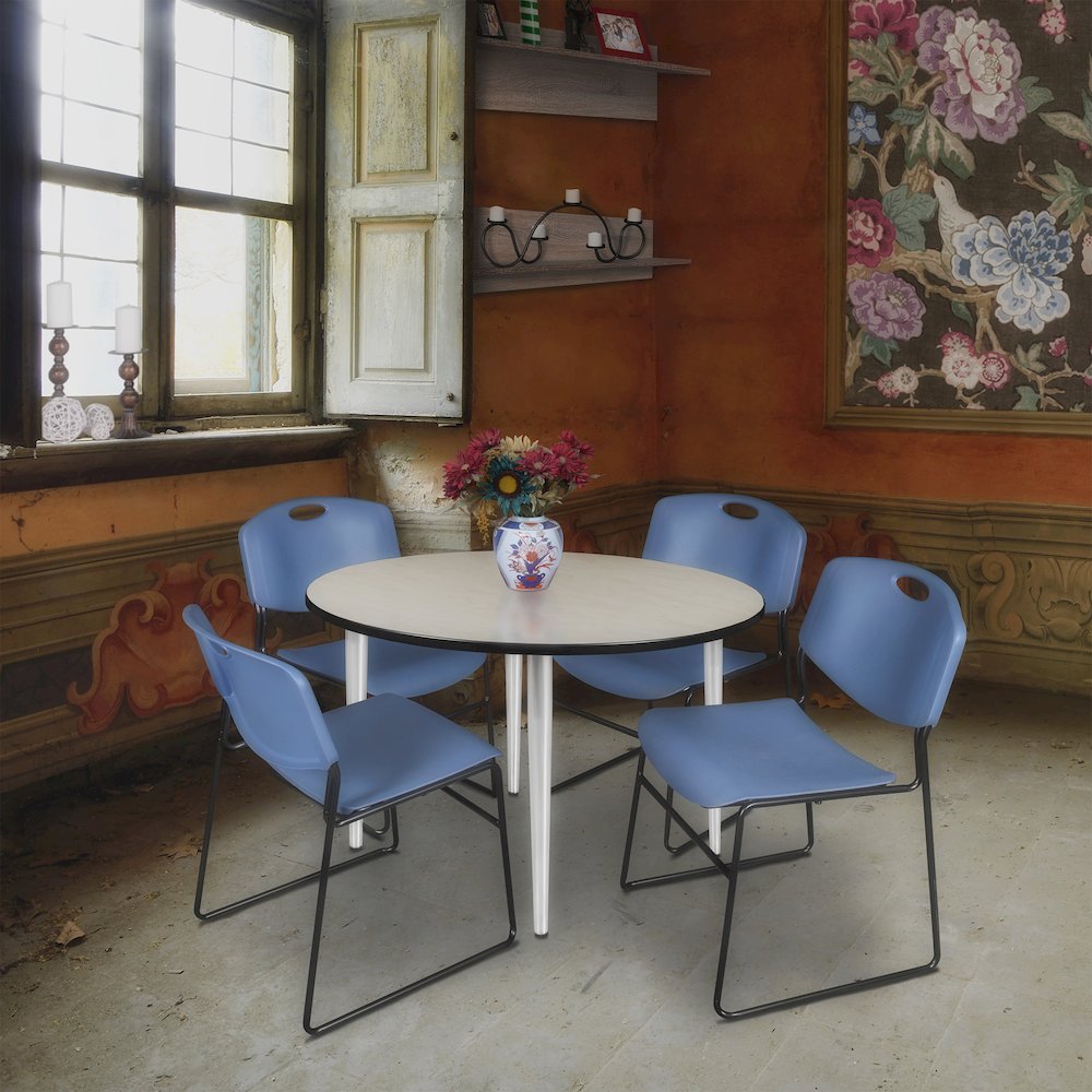 48 in. Round Breakroom Table- Maple Top, Chrome Base & 4 Zeng Stack Chairs- Blue