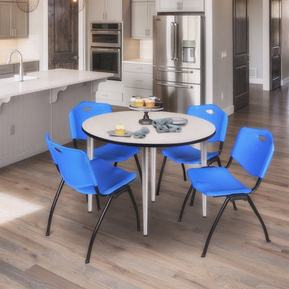48 in. Round Breakroom Table- Maple Top, Chrome Base & 4 M Stack Chairs- Blue