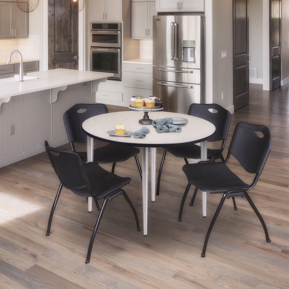 48 in. Round Breakroom Table- Maple Top, Chrome Base & 4 M Stack Chairs- Black