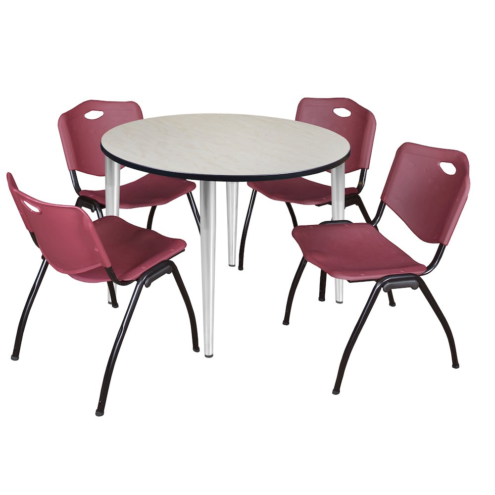 48 Round Breakroom Table- Maple Top, Chrome Base & 4 M Stack Chairs- Burgundy