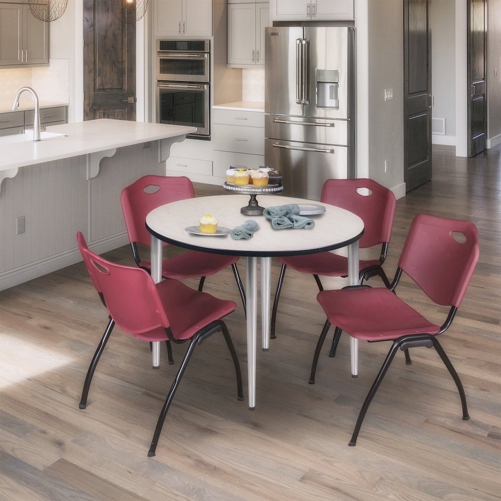 48 Round Breakroom Table- Maple Top, Chrome Base & 4 M Stack Chairs- Burgundy