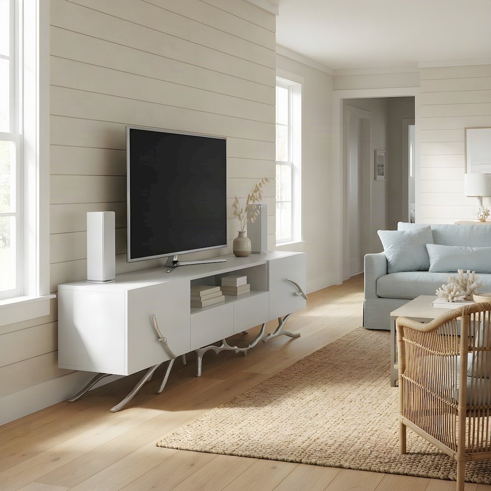 Modern White TV Stand with Engineered Wood Frame for Living Room