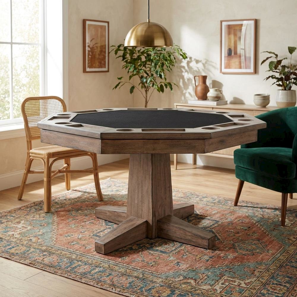 Solid Wood Game Table, Round Poker Table with Convertible Dining Surface