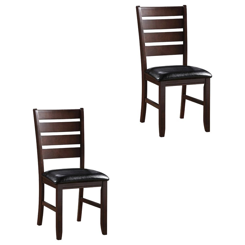 Faux Leather Wood Dining Chair, Black Synthetic Leather & Cherry, Set of 2