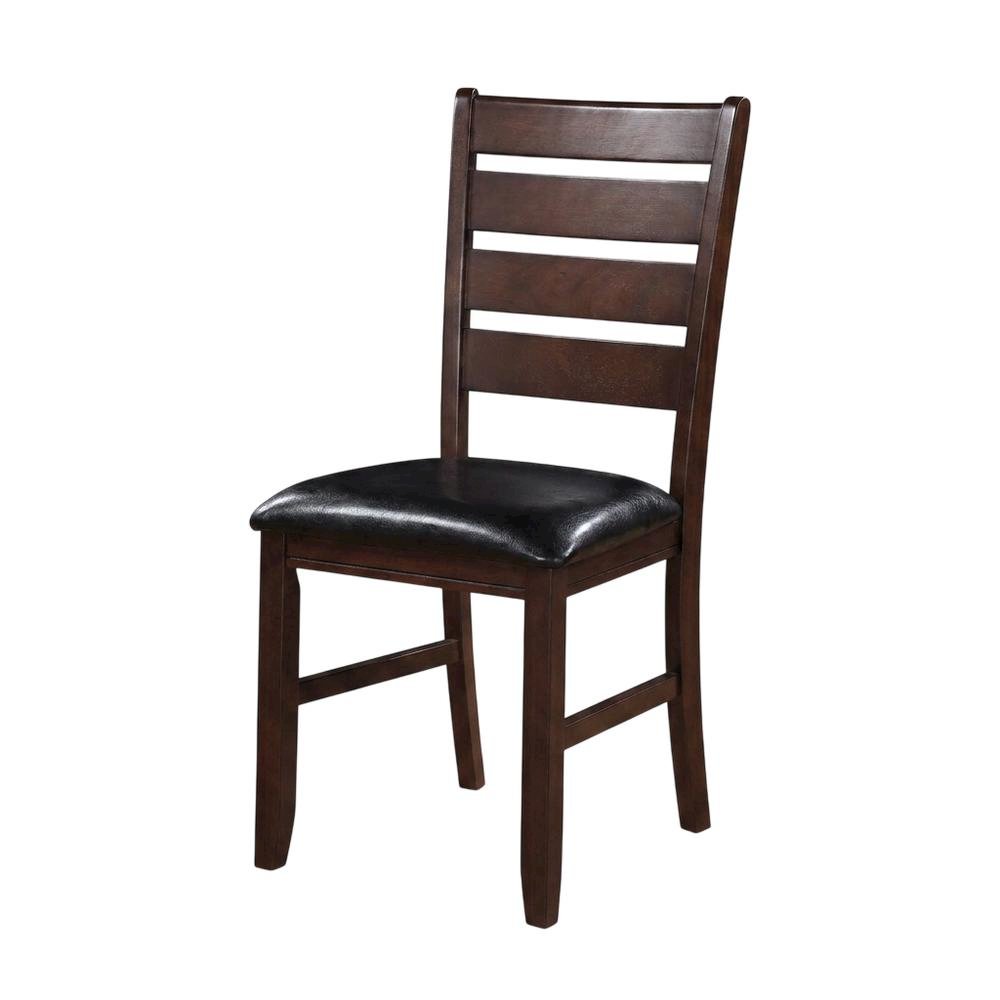 Faux Leather Wood Dining Chair, Black Synthetic Leather & Cherry, Set of 2