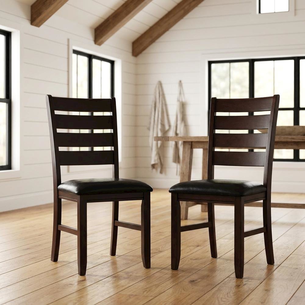 Faux Leather Wood Dining Chair, Black Synthetic Leather & Cherry, Set of 2