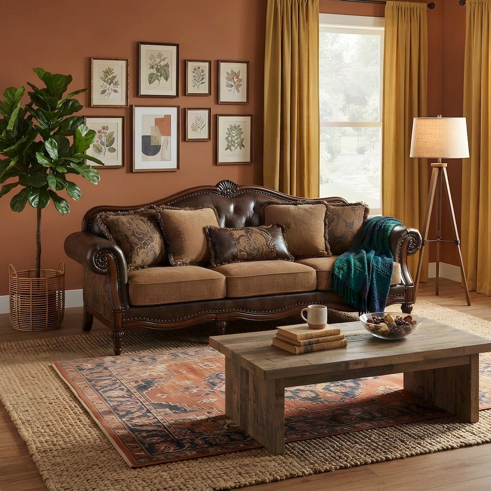 Transitional PU Leather and Chenille Victorian Sofa, 5 Pillows, Two Tone Brown