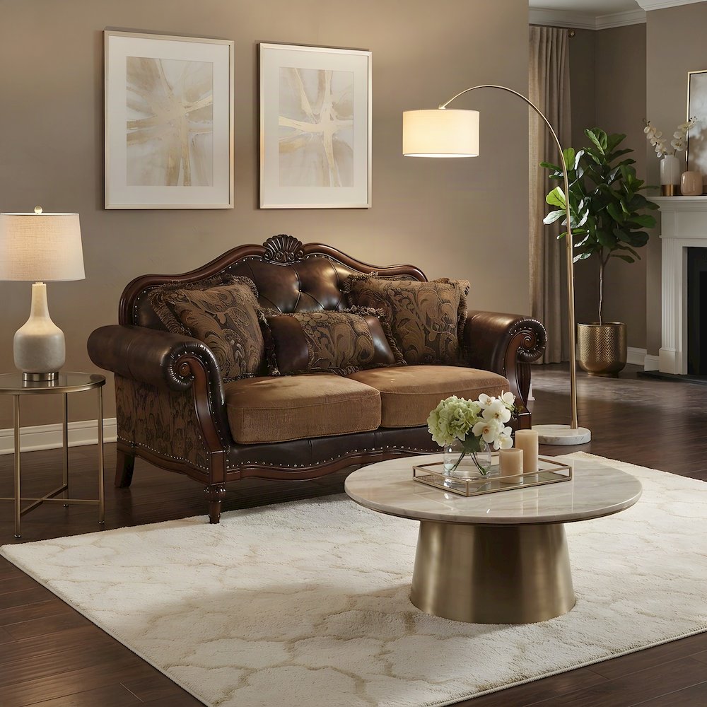 PU Leather and Chenille Loveseat Sofa with 3 Pillows, 2-Seater, Brown Leather