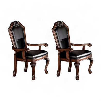PU Leather Accent Armchair with Wood, Set of 2, Black Synthetic Leather & Cherry