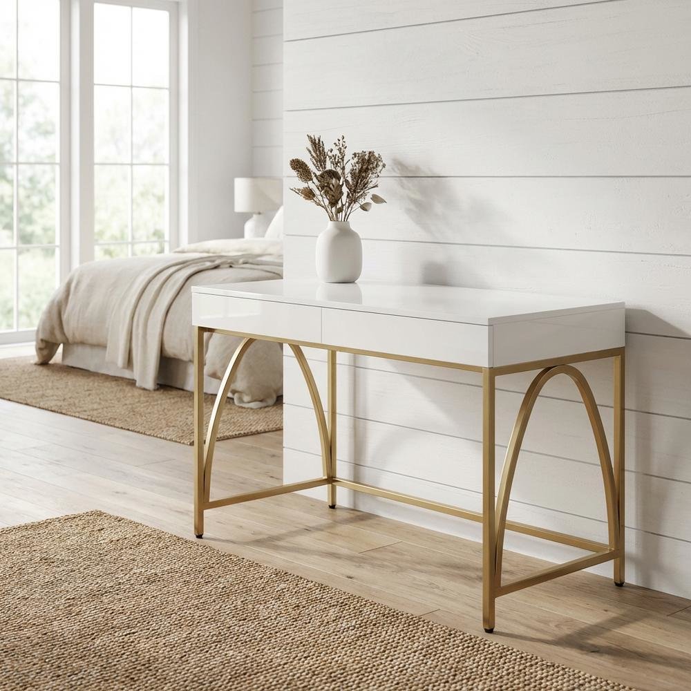 White High Gloss And Gold Office Desk With Metal Frame And Spacious Surface