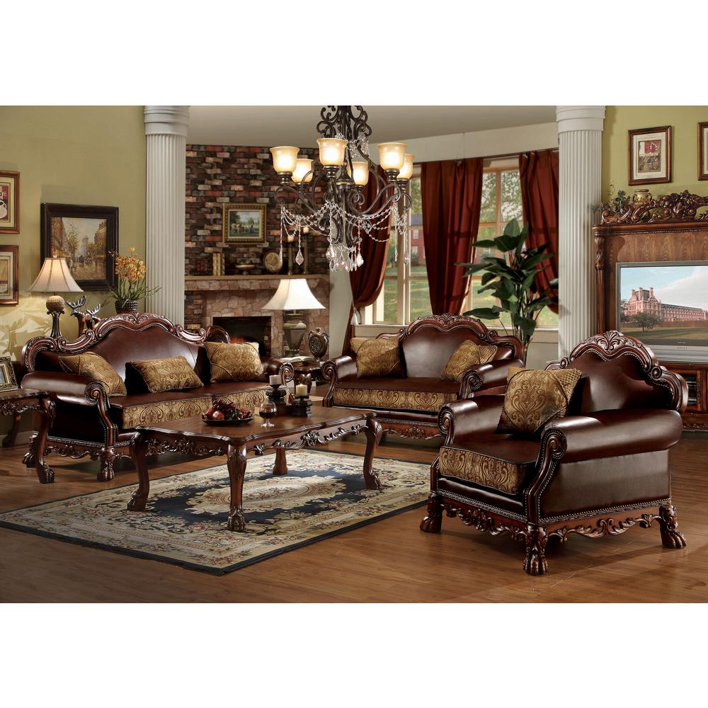 Dresden Loveseat w/2 Pillows, Brown Leatherette & Chenille, Cherry Oak