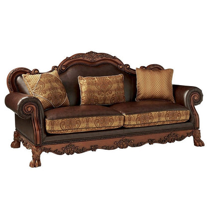 Dresden Sofa w/3 Pillows, Brown Leatherette & Chenille, Cherry Oak