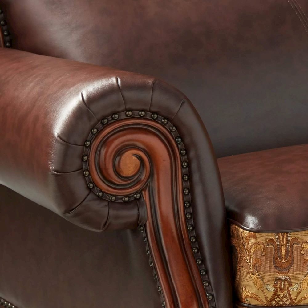 Dresden Sofa w/3 Pillows, Brown Leatherette & Chenille, Cherry Oak