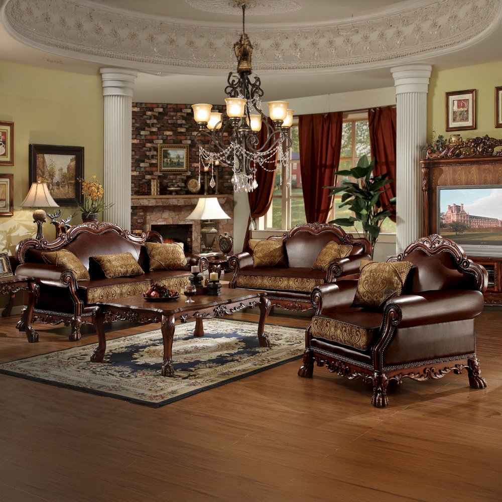 Dresden Sofa w/3 Pillows, Brown Leatherette & Chenille, Cherry Oak