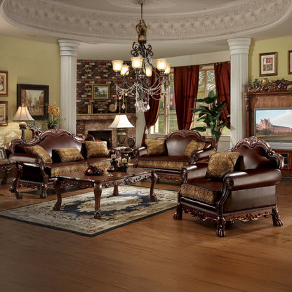 Dresden Sofa w/3 Pillows, Brown Leatherette & Chenille, Cherry Oak