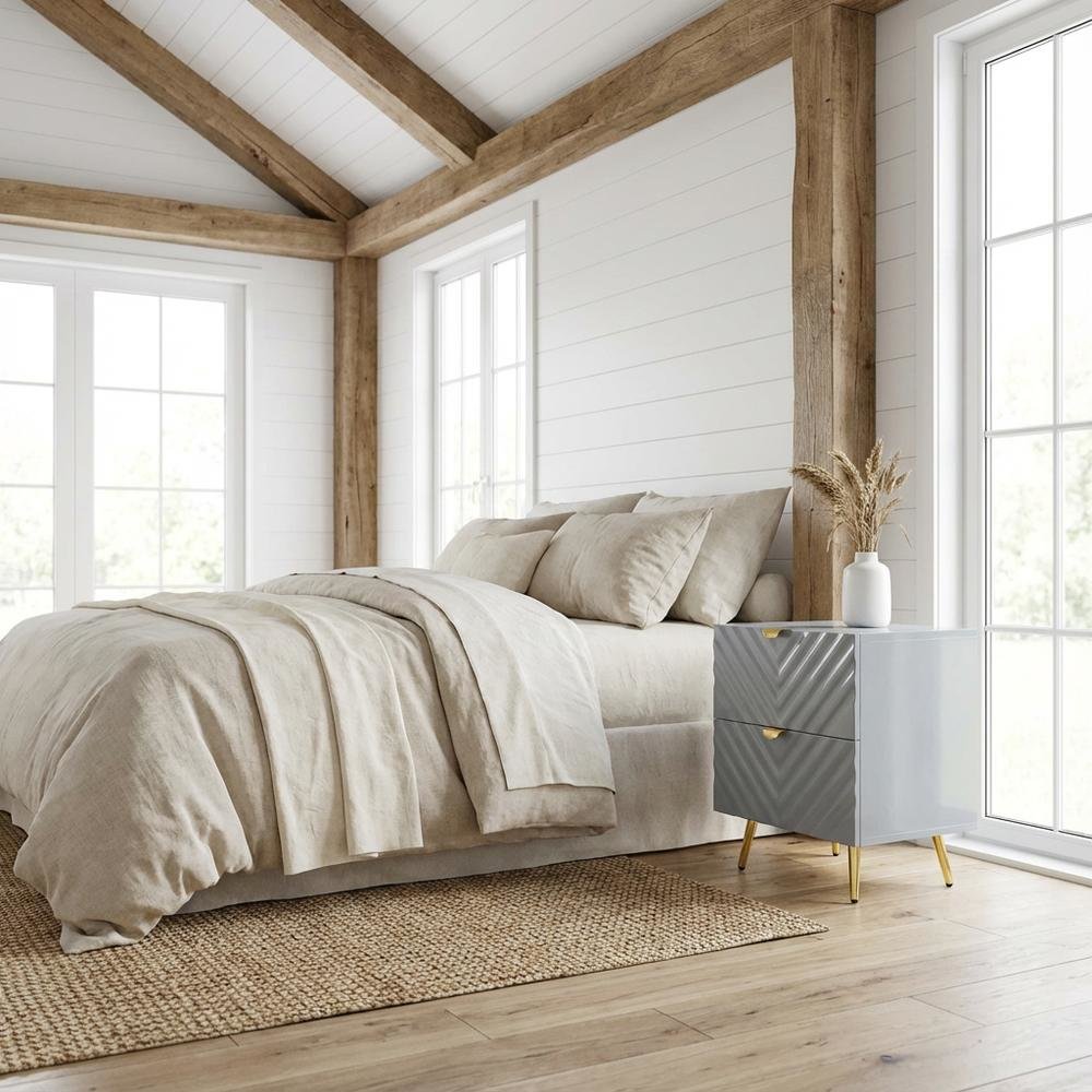 Gray Nightstand with High Gloss Finish and Contemporary Style