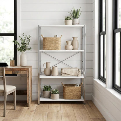 White bookcase with sleek chrome details and modern design