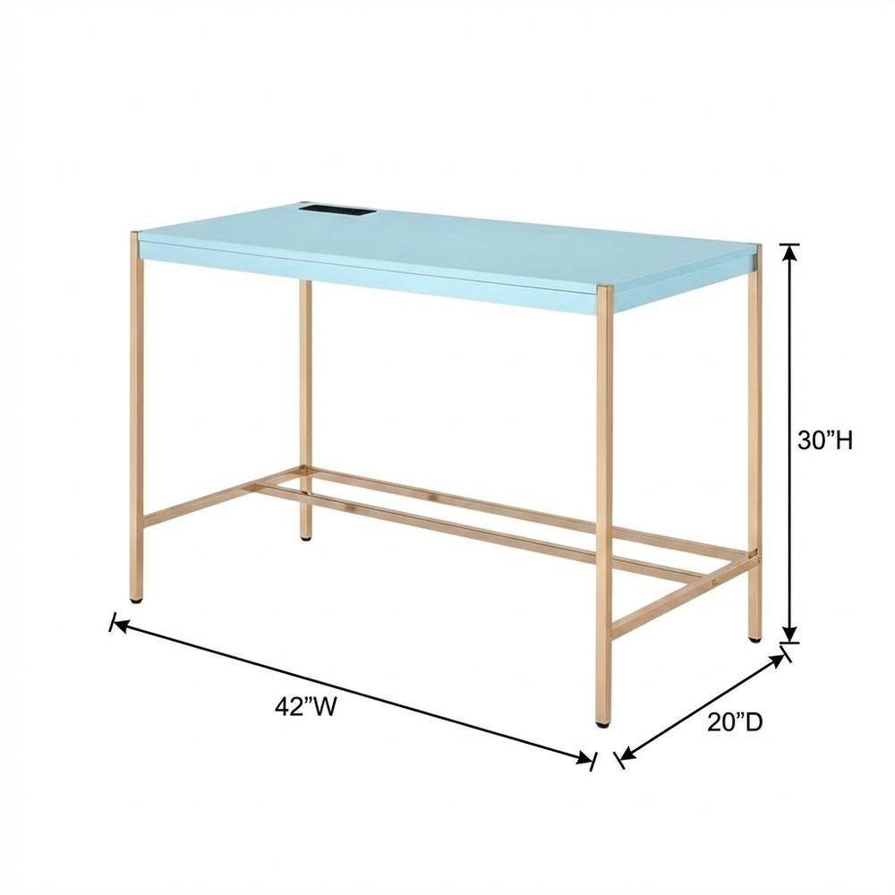 Contemporary Baby Blue And Gold Finish Writing Desk With Mdf And Metal