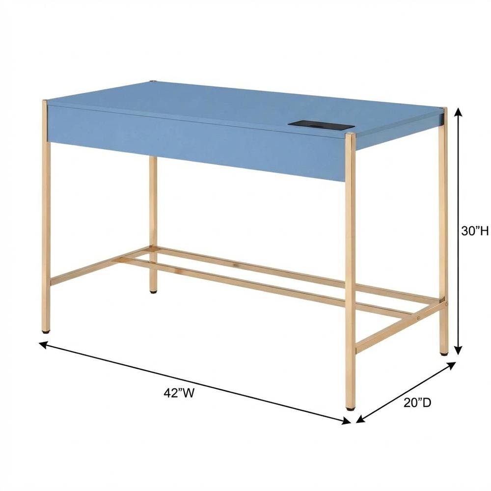 Contemporary Navy Blue And Gold Finish Writing Desk With Mdf And Metal