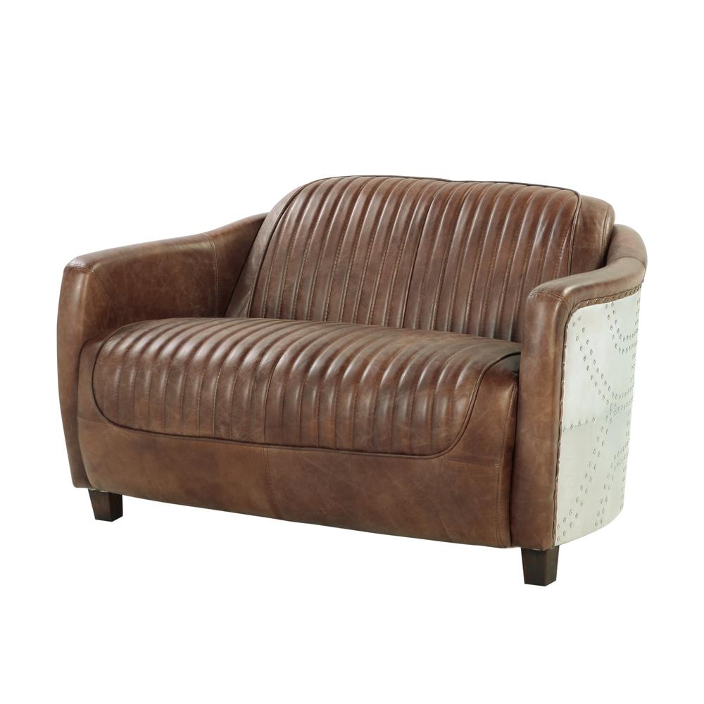 Brancaster Loveseat, Retro Brown Top Grain Leather & Aluminum