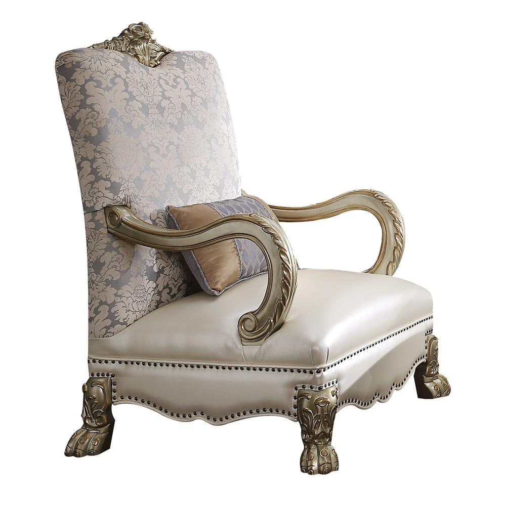 Dresden II Chair w/Pillow, Pearl Leatherette/Fabric & Gold Patina