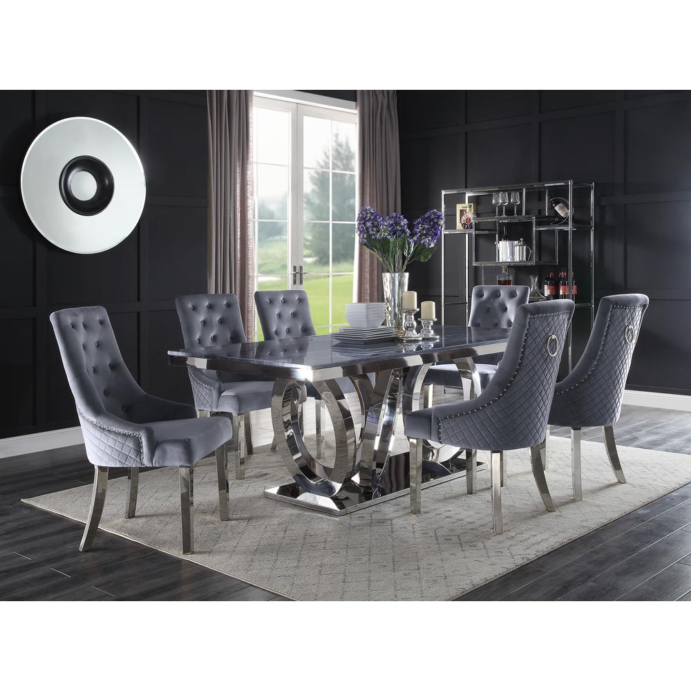 Nasir Dining Table, White Engineered Stone & Mirrored Silver