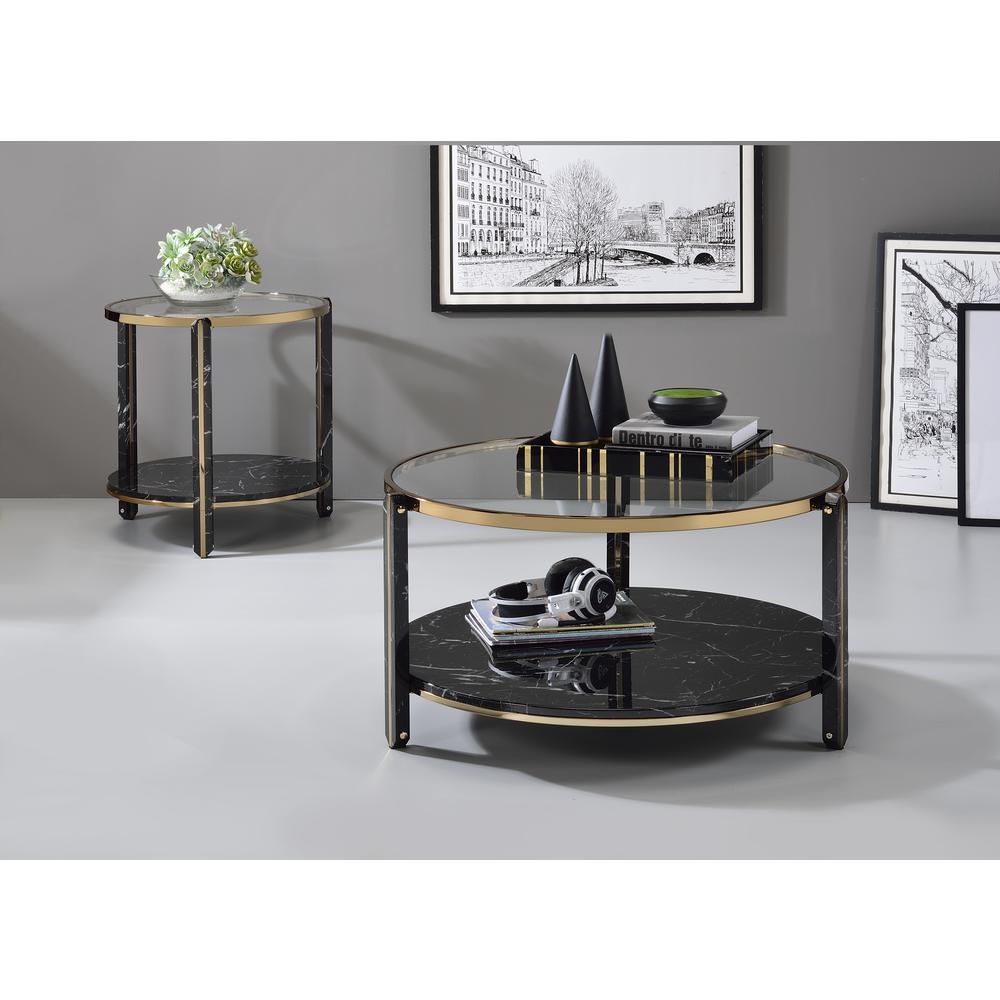 Thistle End Table, Clear Glass, Black Engineered Stone & Champagne Finish