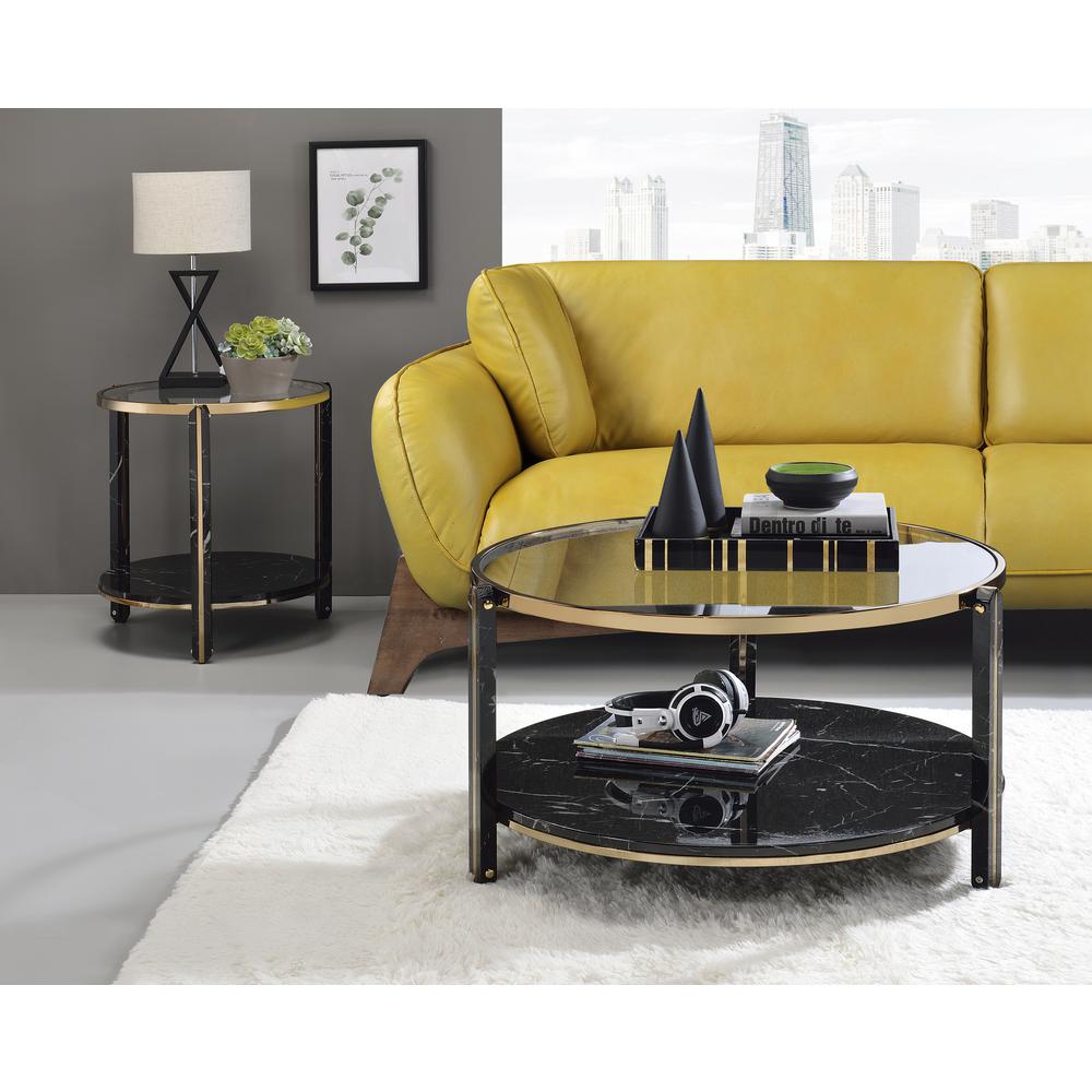 Thistle End Table, Clear Glass, Black Engineered Stone & Champagne Finish