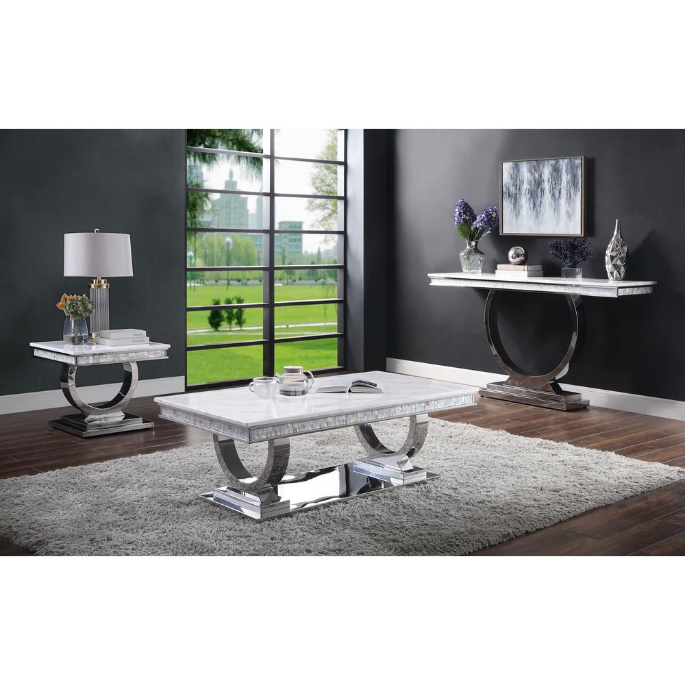 Zander Sofa Table, White Engineered Marble & Mirrored Silver