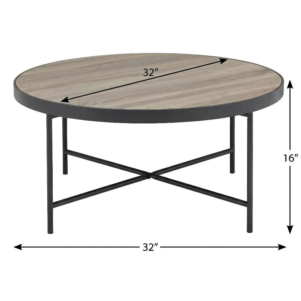 Weathered Gray Oak Metal Coffee Table with Industrial Style and Wood Veneer