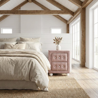Pink Fabric Nightstand with Rectangular Shape and Modern Design