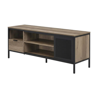 Industrial-style TV stand in Rustic Oak and Black finish with metal accents