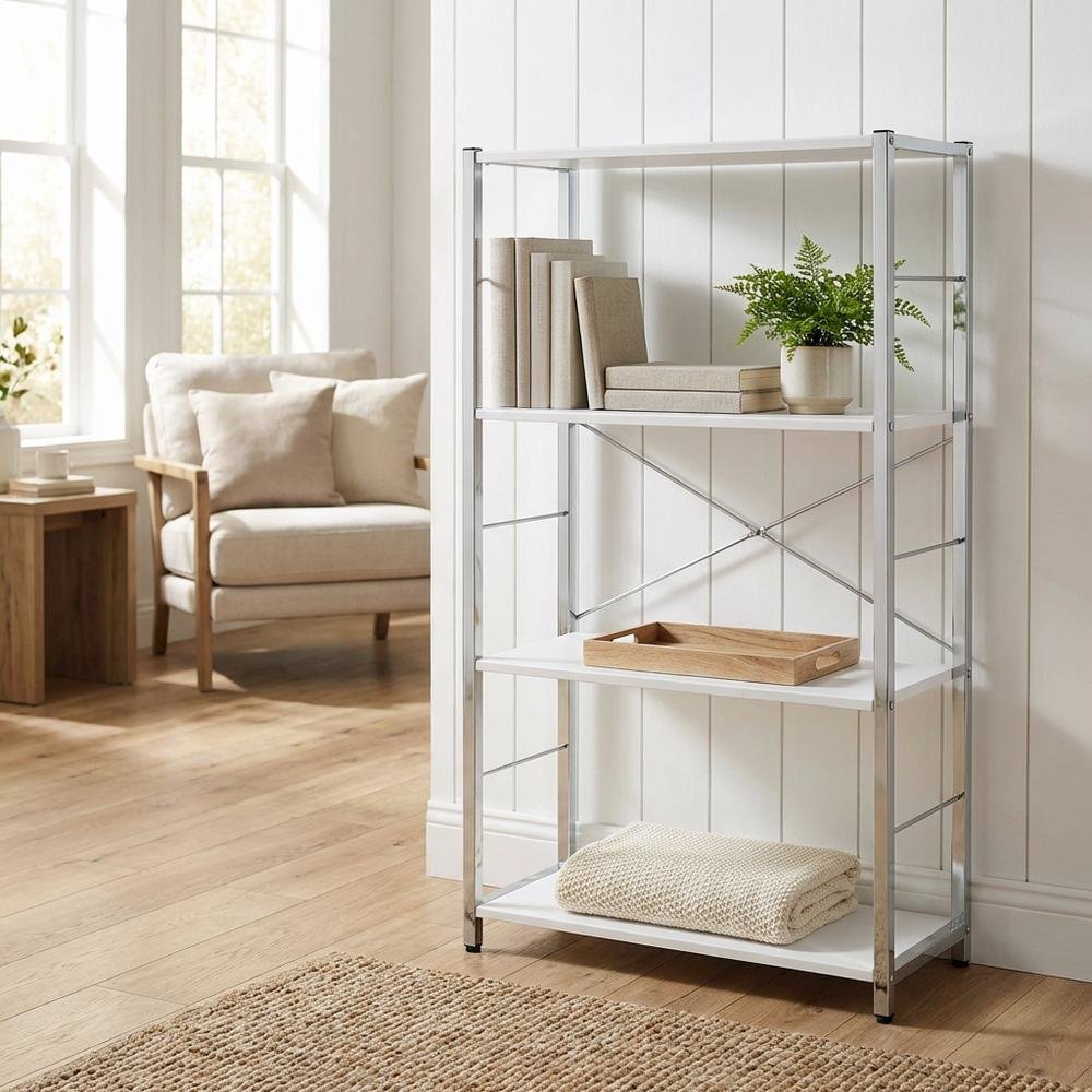 White bookcase with sleek chrome details and modern design