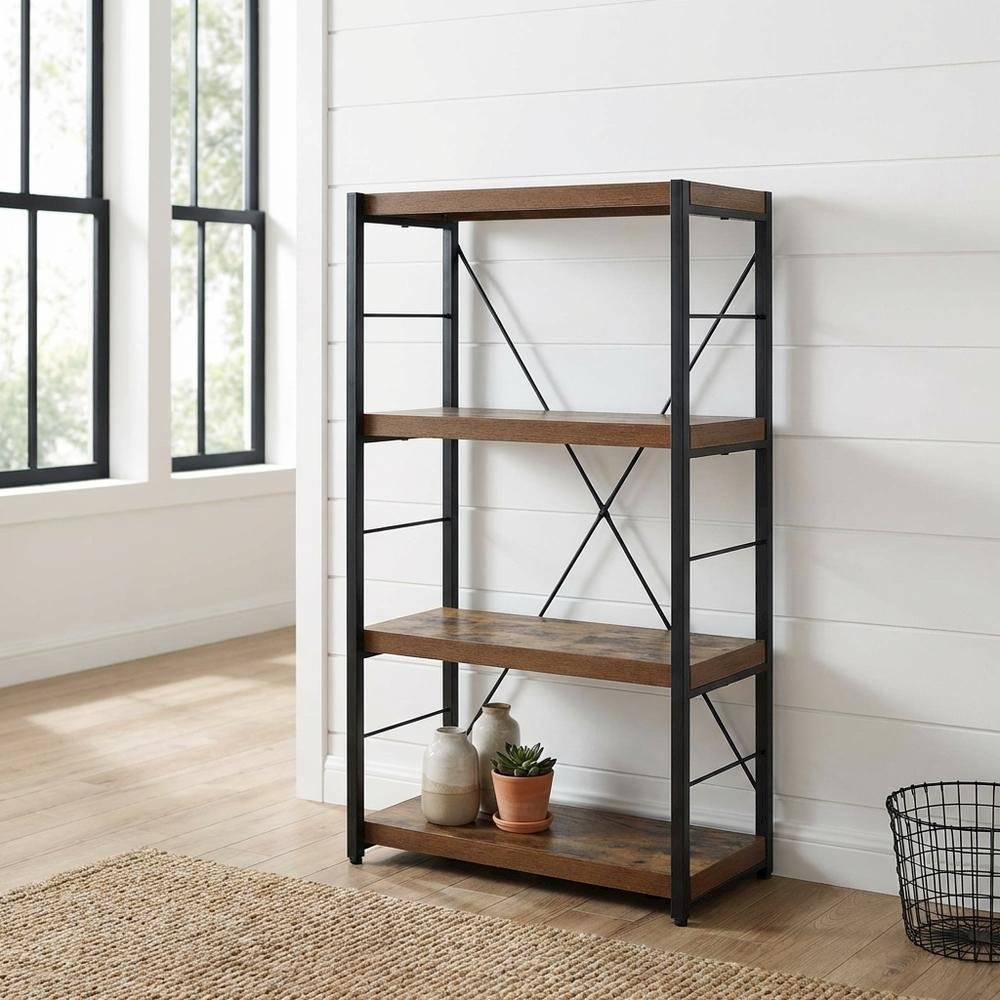 Weathered Oak and Black Bookcase with Sturdy Frame for Living Room Storage