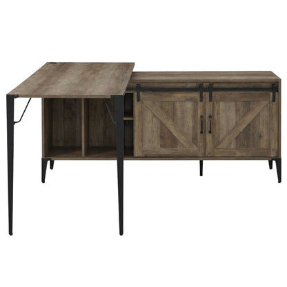 Rustic Oak And Black Finish Writing Desk With Industrial Style And Metal Frame