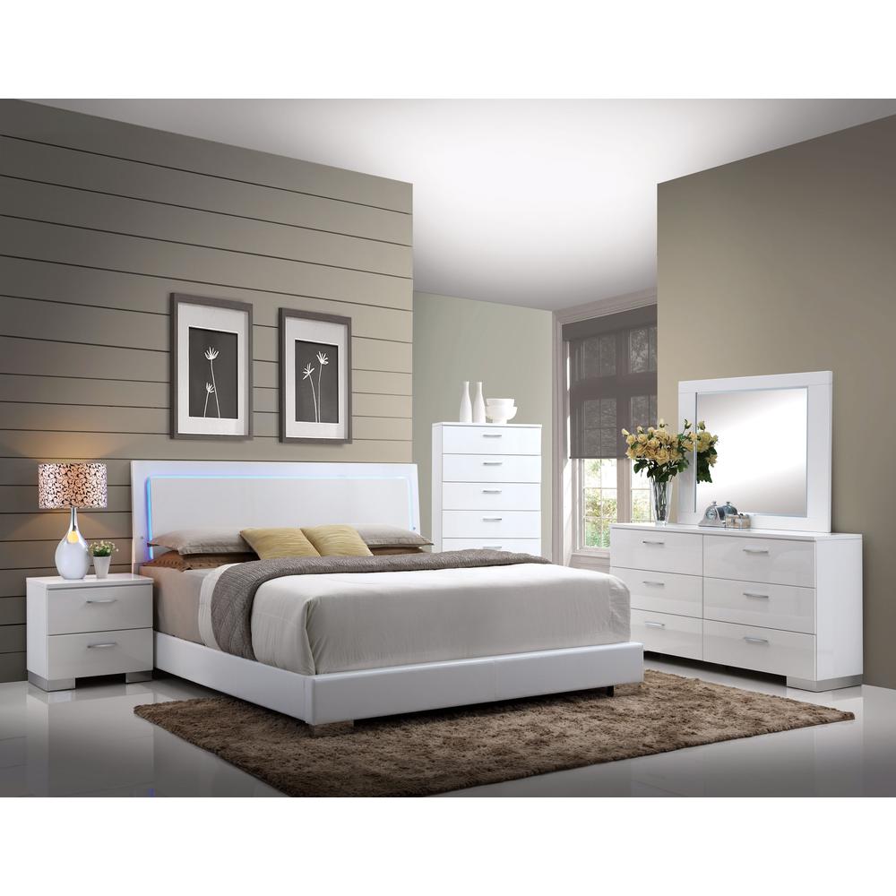 Lorimar (LED) Queen Bed, White Leatherette & White Leg