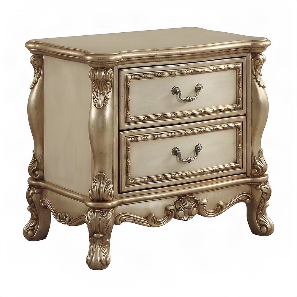 Wood and Poly Resin Nightstand with 2 Drawers, Bedside Table, Gold Patina & Bone