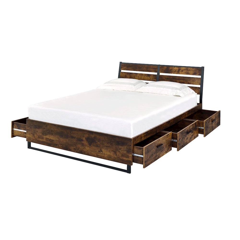 Juvanth Eastern King Bed w/Storage, Rustic Oak & Black