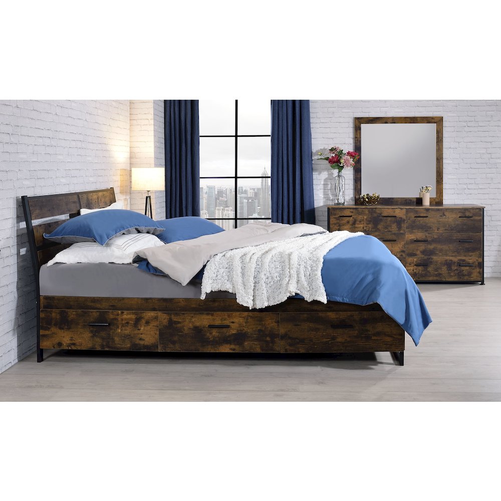 Juvanth Eastern King Bed w/Storage, Rustic Oak & Black