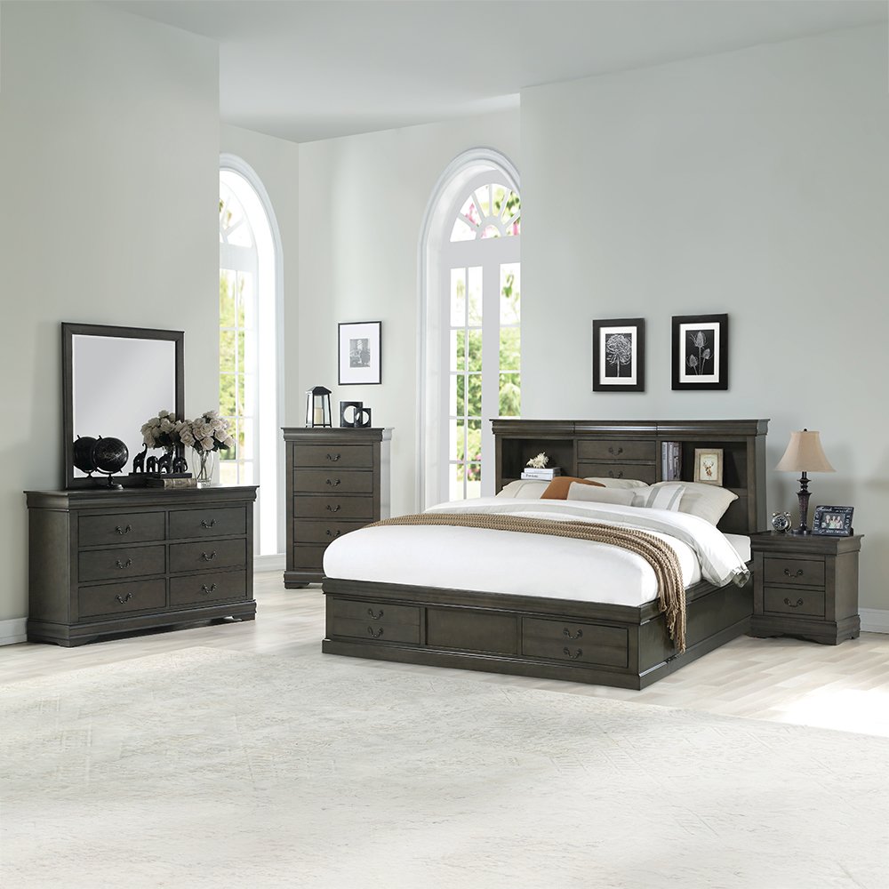 Louis Philippe III Queen Bed w/Storage, Dark Gray