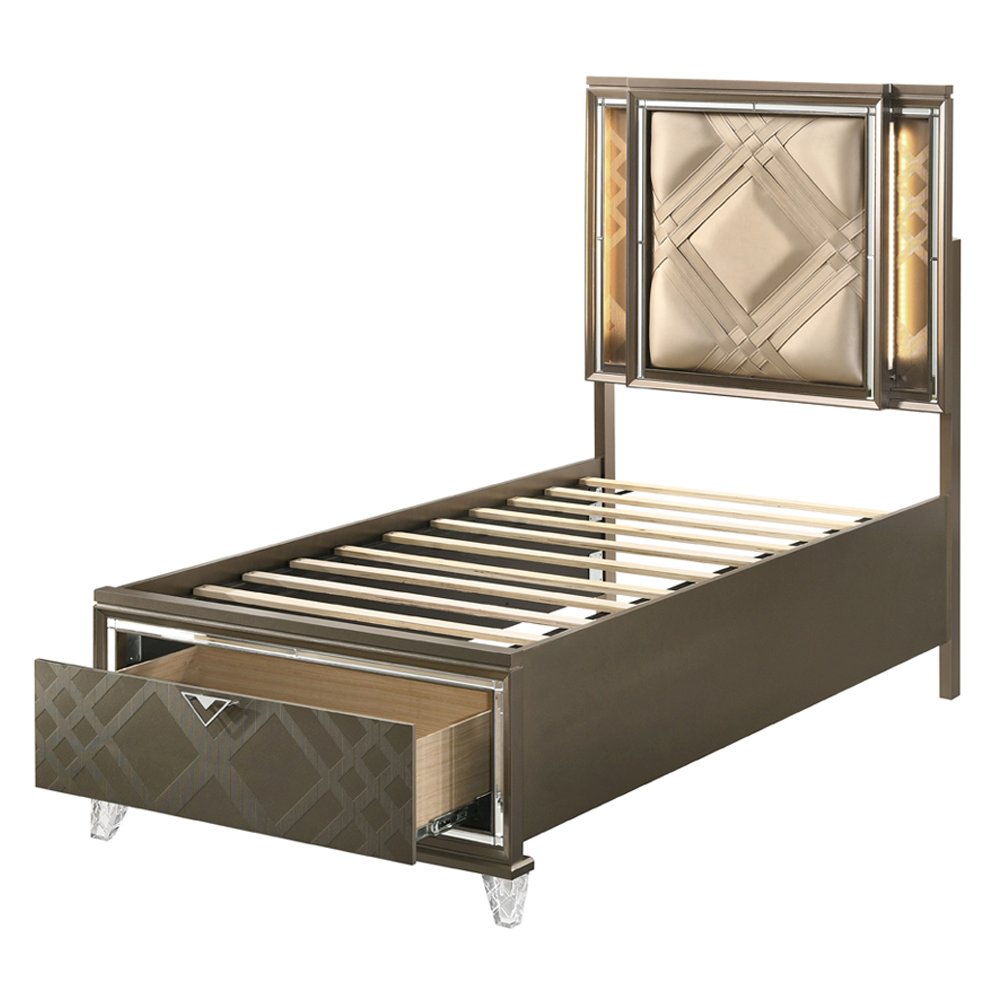 Skylar Full Bed w/Storage & LED, LED, Leatherette & Dark Champagne