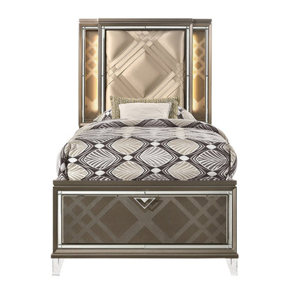 Skylar Full Bed w/Storage & LED, LED, Leatherette & Dark Champagne