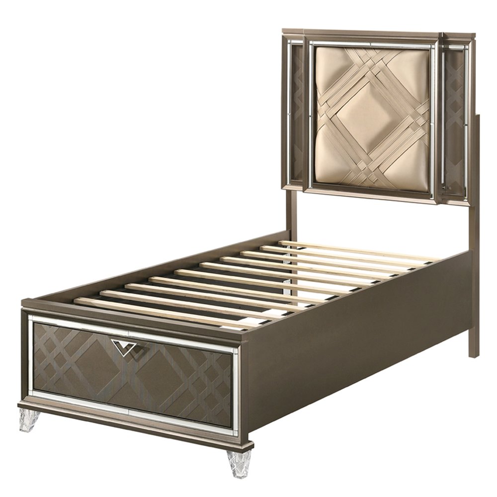 Skylar Full Bed w/Storage & LED, LED, Leatherette & Dark Champagne