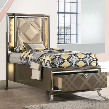 Skylar Full Bed w/Storage & LED, LED, Leatherette & Dark Champagne