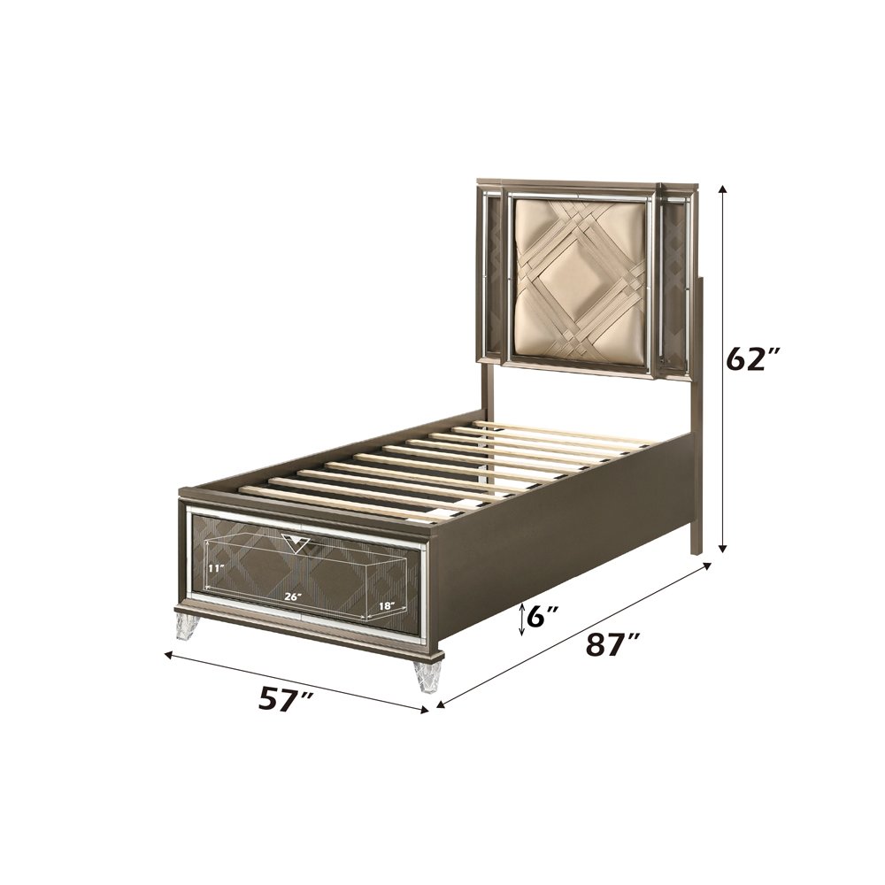 Skylar Full Bed w/Storage & LED, LED, Leatherette & Dark Champagne