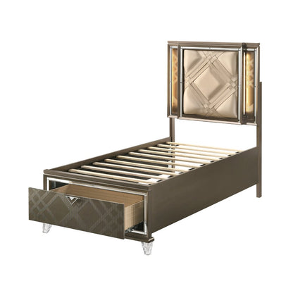 Skylar Twin Bed w/Storage & LED, LED, Leatherette & Dark Champagne